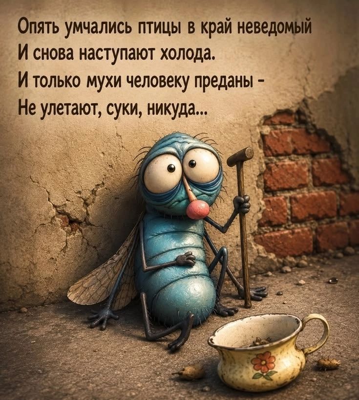 Опять умчались птицы в край неведомый И снова наступают холода. И только мухи человеку преданы – Не улетают, суки, никуда...