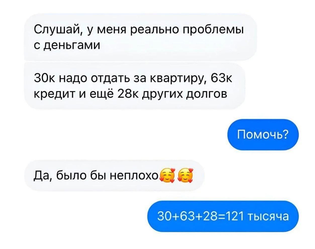 Слушай, у меня реально проблемы с деньгами. 30к надо отдать за квартиру, 63к кредит и ещё 28к других долгов. Помочь? Да, было бы неплохо. 30+63+28=121 тысяча.