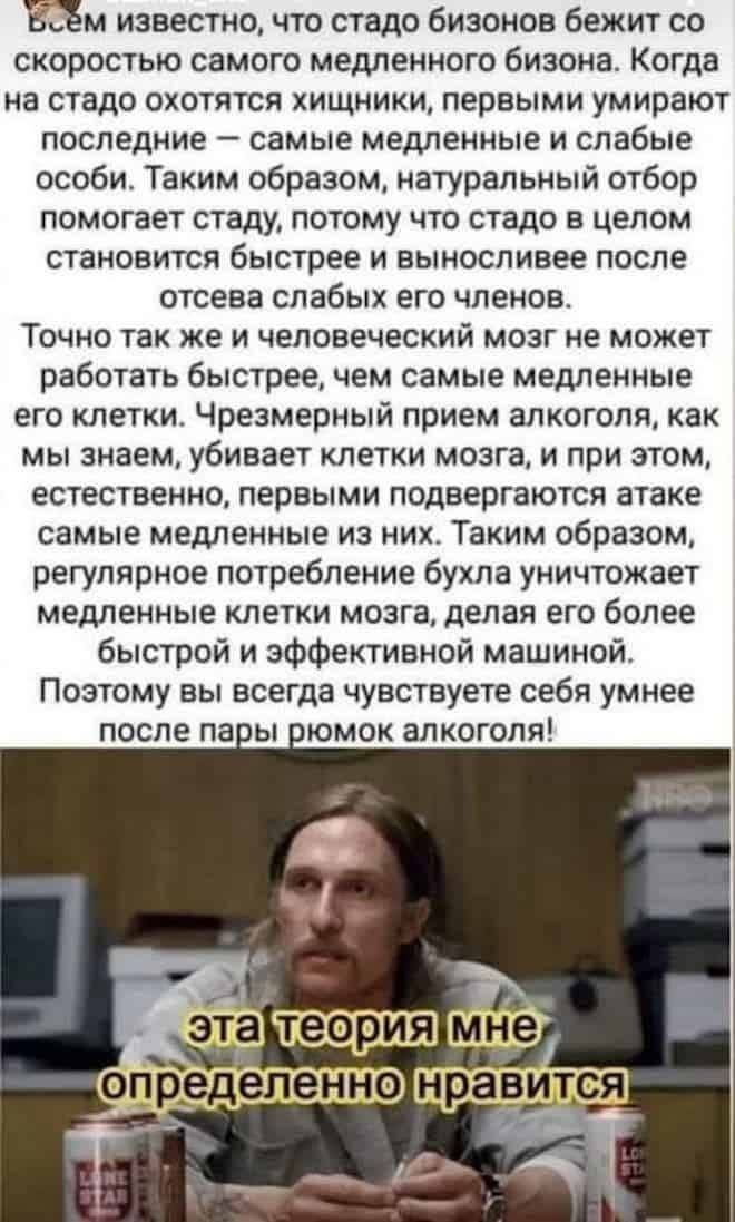 Всем известно, что стадо бизонов бежит со скоростью самого медленного бизона. Когда на стадо охотятся хищники, первыми умирают последние — самые медленные и слабые особи. Таким образом, натуральный отбор помогает стаду, потому что стадо в целом становится быстрее и выносливее после отсева слабых его членов. Точно так же и человеческий мозг не