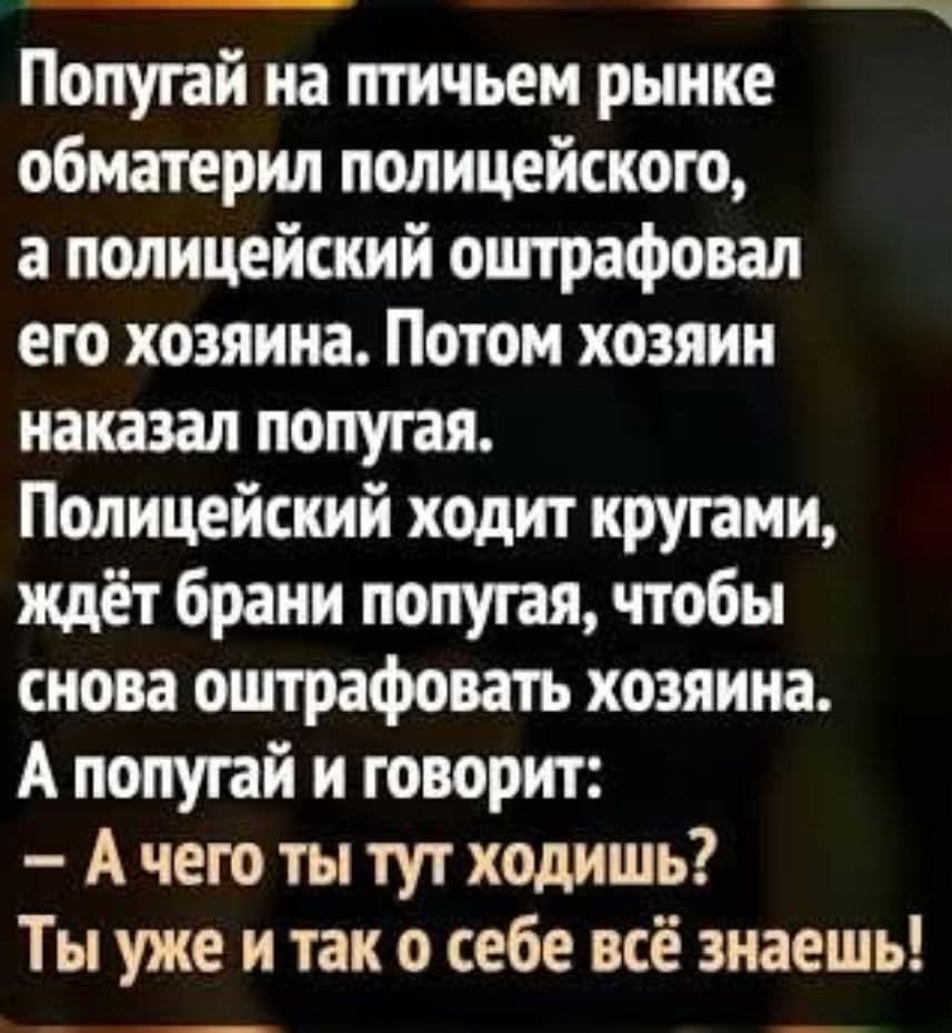 Попугай на птичьем рынке обматерил полицейского, а полицейский оштрафовал его хозяина. Потом хозяин наказал попугая. Полицейский ходит кругами, ждёт брани попугая, чтобы снова оштрафовать хозяина. А попугай и говорит: – А чего ты тут ходишь? Ты уже и так о себе всё знаешь!