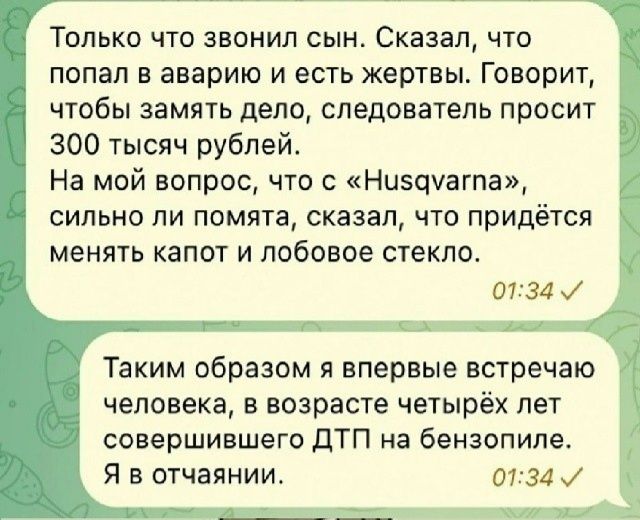 Только что звонил сын. Сказал, что попал в аварию и есть жертвы. Говорит, чтобы замять дело, следователь просит 300 тысяч рублей. На мой вопрос, что с «Husqvarna», сильно ли помята, сказал, что придётся менять капот и лобовое стекло. Таким образом я впервые встречаю человека, в возрасте четырёх лет совершившего ДТП на бензопиле. Я в отчаянии.