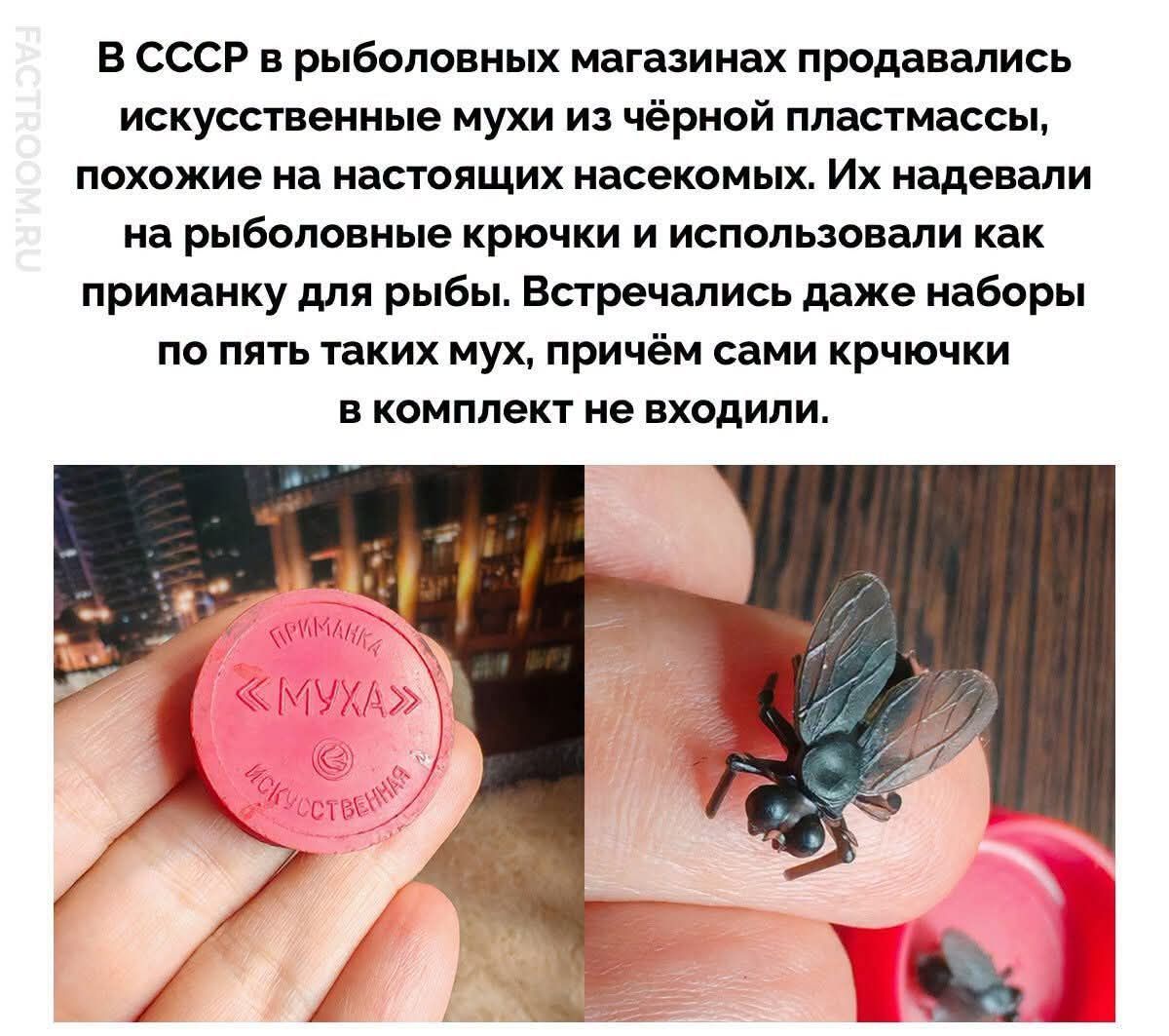В СССР в рыболовных магазинах продавались искусственные мухи из чёрной пластмассы, похожие на настоящих насекомых. Их надевали на рыболовные крючки и использовали как приманку для рыбы. Встречались даже наборы по пять таких мух, причём сами крючки в комплект не входили.