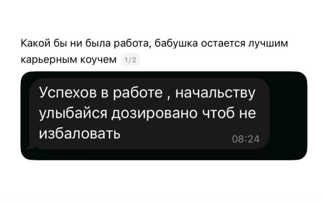Какой бы ни была работа, бабушка остается лучшим карьерным коучем 1/2 Успехов в работе, начальству улыбайся дозировано чтоб не избаловать 08:24