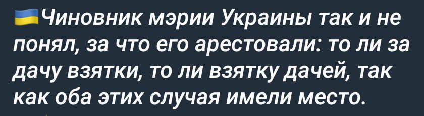 Чиновник мэрии Украины так и не понял, за что его арестовали: то ли за дачу взятки, то ли взятку дачей, так как оба этих случая имели место.