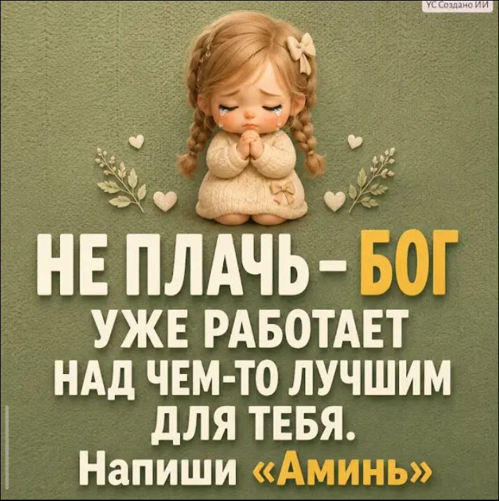 НЕ ПЛАЧЬ - БОГ УЖЕ РАБОТАЕТ НАД ЧЕМ-ТО ЛУЧШИМ ДЛЯ ТЕБЯ. Напиши «Аминь»