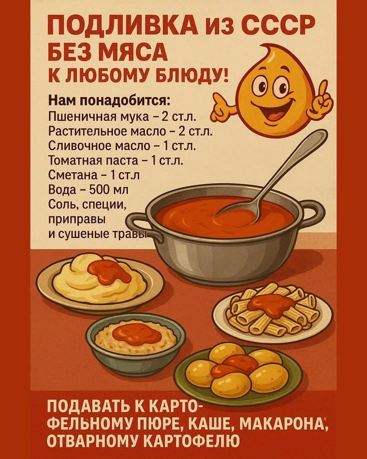 ПОДЛИВКА ИЗ СССР БЕЗ МЯСА К ЛЮБОМУ БЛЮДУ! Нам понадобится: Пшеничная мука – 2 ст.л. Растительное масло – 2 ст.л. Сливочное масло – 1 ст.л. Томатная паста – 1 ст.л. Сметана – 1 ст.л Вода – 500 мл Соль, специи, приправы и сушеные травы ПОДАВАТЬ К КАРТОФЕЛЬНОМУ ПЮРЕ, КАШЕ, МАКАРОНА, ОТВАРНОМУ КАРТОФЕЛЮ