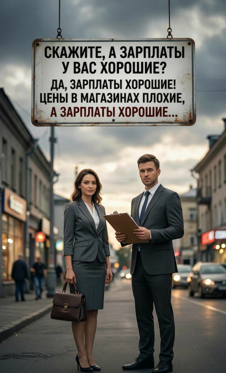 СКАЖИТЕ, А ЗАРПЛАТЫ У ВАС ХОРОШИЕ? ДА, ЗАРПЛАТЫ ХОРОШИЕ! ЦЕНЫ В МАГАЗИНАХ ПЛОХИЕ, А ЗАРПЛАТЫ ХОРОШИЕ...