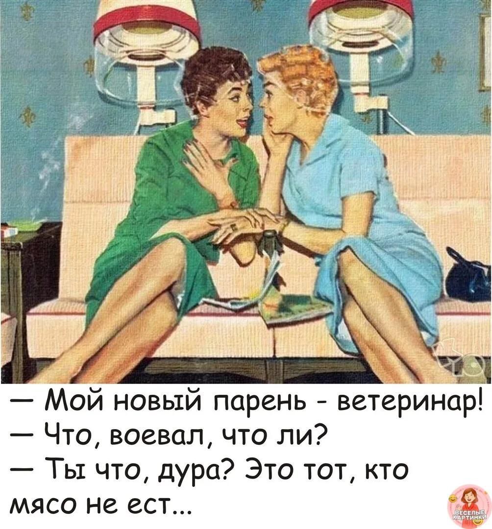 Мой новый парень - ветеринар! Что, воевал, что ли? Ты что, дура? Это тот, кто мясо не ест...