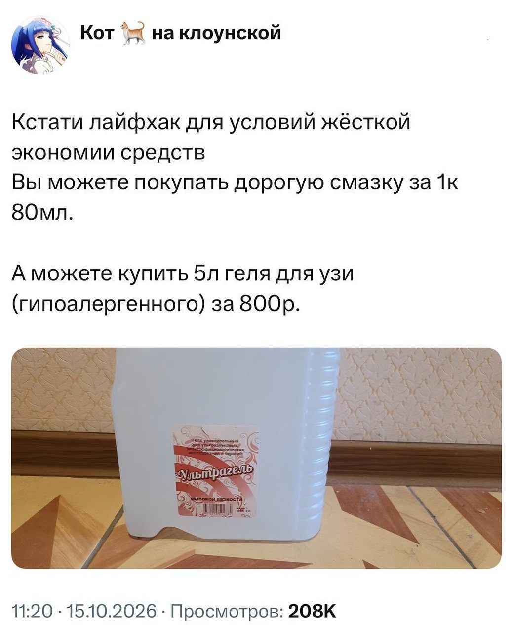 Кот на клоунской. Кстати лайфхак для условий жёсткой экономии средств. Вы можете покупать дорогую смазку за 1к 80мл. А можете купить 5л геля для узи (гипоалергенного) за 800р. Ультрагель
