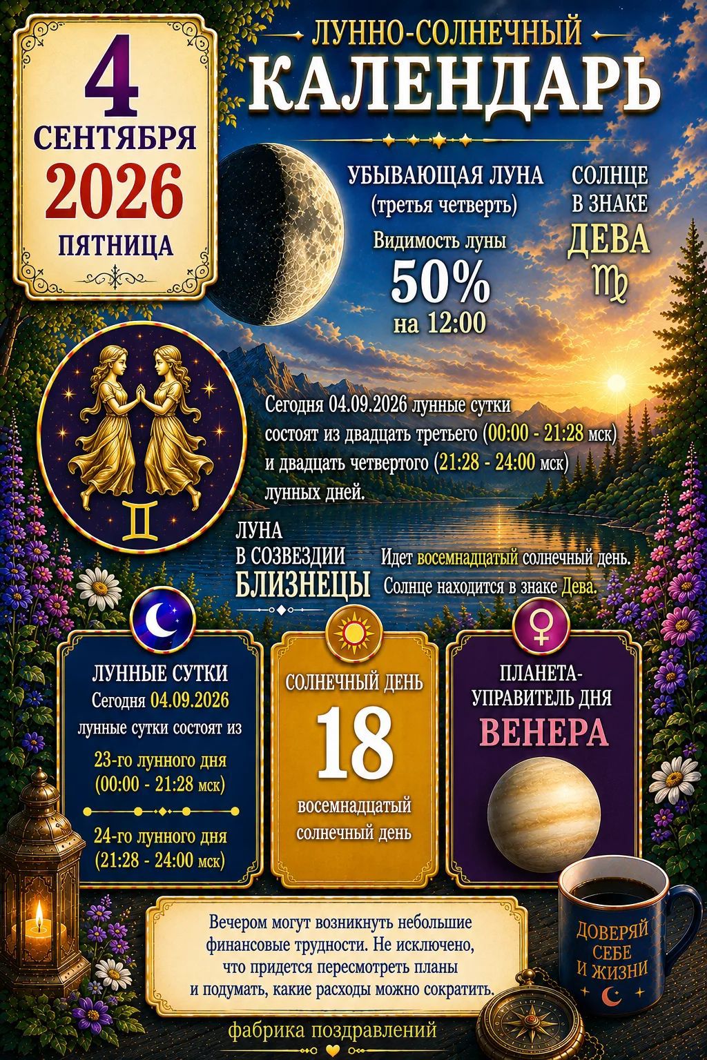 ЛУННО-СОЛНЕЧНЫЙ КАЛЕНДАРЬ 4 СЕНТЯБРЯ 2026 ПЯТНИЦА УБЫВАЮЩАЯ ЛУНА (третья четверть) Видимость луны 50% на 12:00 СОЛНЦЕ В ЗНАКЕ ДЕВА Сегодня 04.09.2026 лунные сутки состоят из двадцать третьего (00:00 - 21:28 мск) и двадцать четвертого (21:28 - 24:00 мск) лунных дней. ЛУНА В СОЗВЕЗДИИ БЛИЗНЕЦЫ Идет восемнадцатый солнечный день. Солнце находится в
