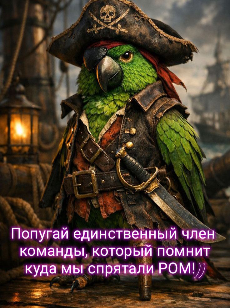 Попугай единственный член команды, который помнит куда мы спрятали РОМ!)