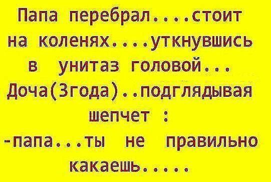Папа перебрал....стоит на коленях....уткнувшись в унитаз головой... Доча(3года)..подглядывая шепчет : -папа...ты не правильно какаешь.....