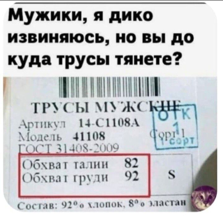 Мужики, я дико извиняюсь, но вы до куда трусы тянете? ТРУСЫ МУЖСКИЕ Артикул 14-С1108А Модель 41108 ГОСТ 31408-2009 Обхват талии 82 Обхват груди 92 S Состав: 92% хлопок, 8% эластан ОТК 1 Сорт