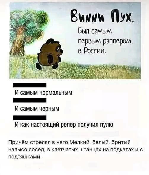 Винни Пух. Был самым первым рэппером в России. И самым нормальным И самым черным И как настоящий репер получил пулю Причём стрелял в него Мелкий, белый, бритый налысо сосед, в клетчатых штанцах на подкатах и с подтяжками.