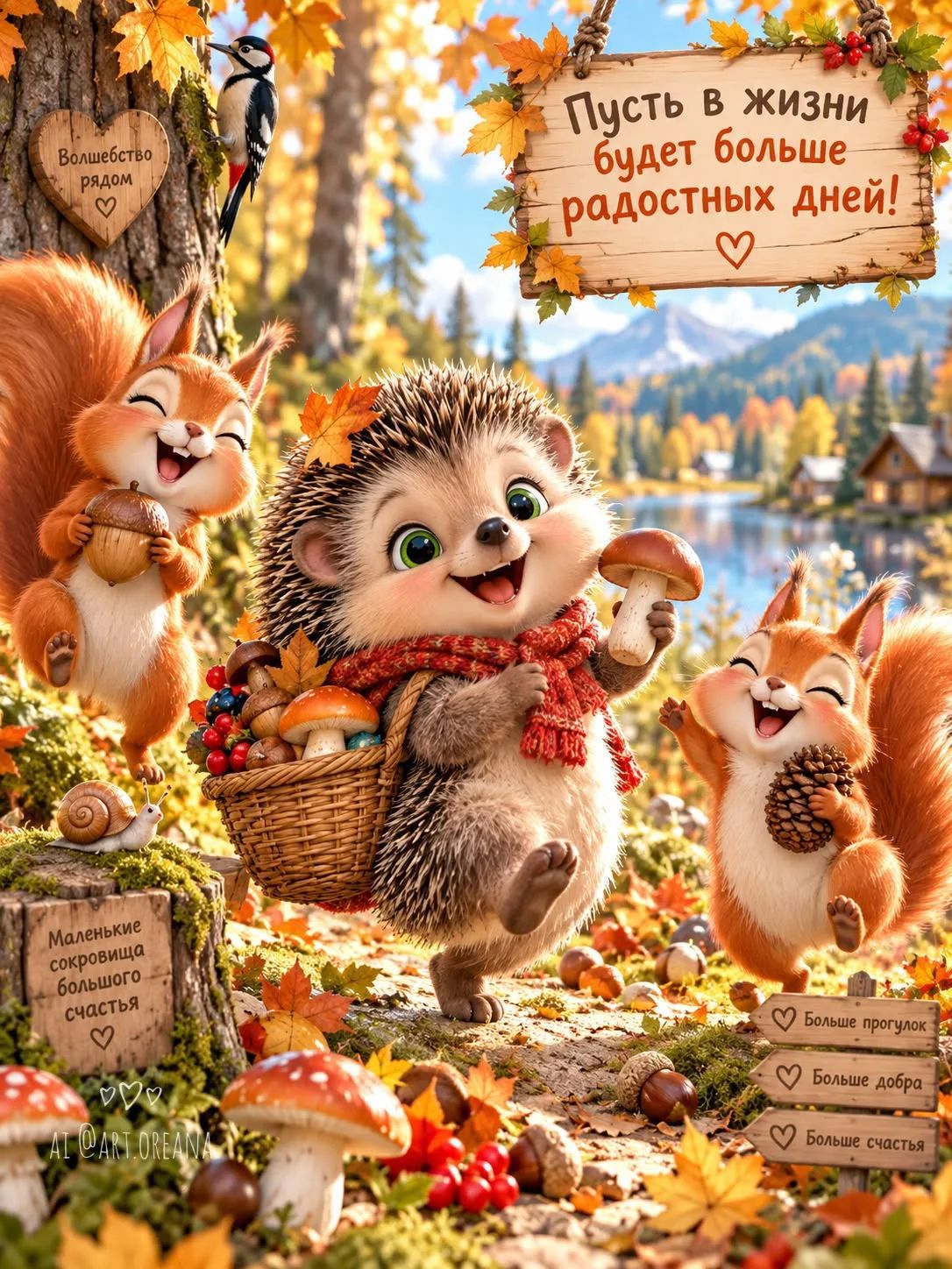 Пусть в жизни будет больше радостных дней! Волшебство рядом. Маленькие сокровища большого счастья. Больше прогулок. Больше добра. Больше счастья. AI @ART.OREANA
