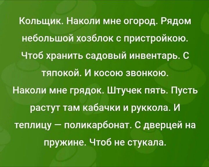 Кольщик. Наколи мне огород. Рядом небольшой хозблок с пристройкой. Чтоб хранить садовый инвентарь. С тяпкой. И косою звонкою. Наколи мне грядок. Штучек пять. Пусть растут там кабачки и руккола. И теплицу — поликарбонат. С дверцей на пружине. Чтоб не стукала.