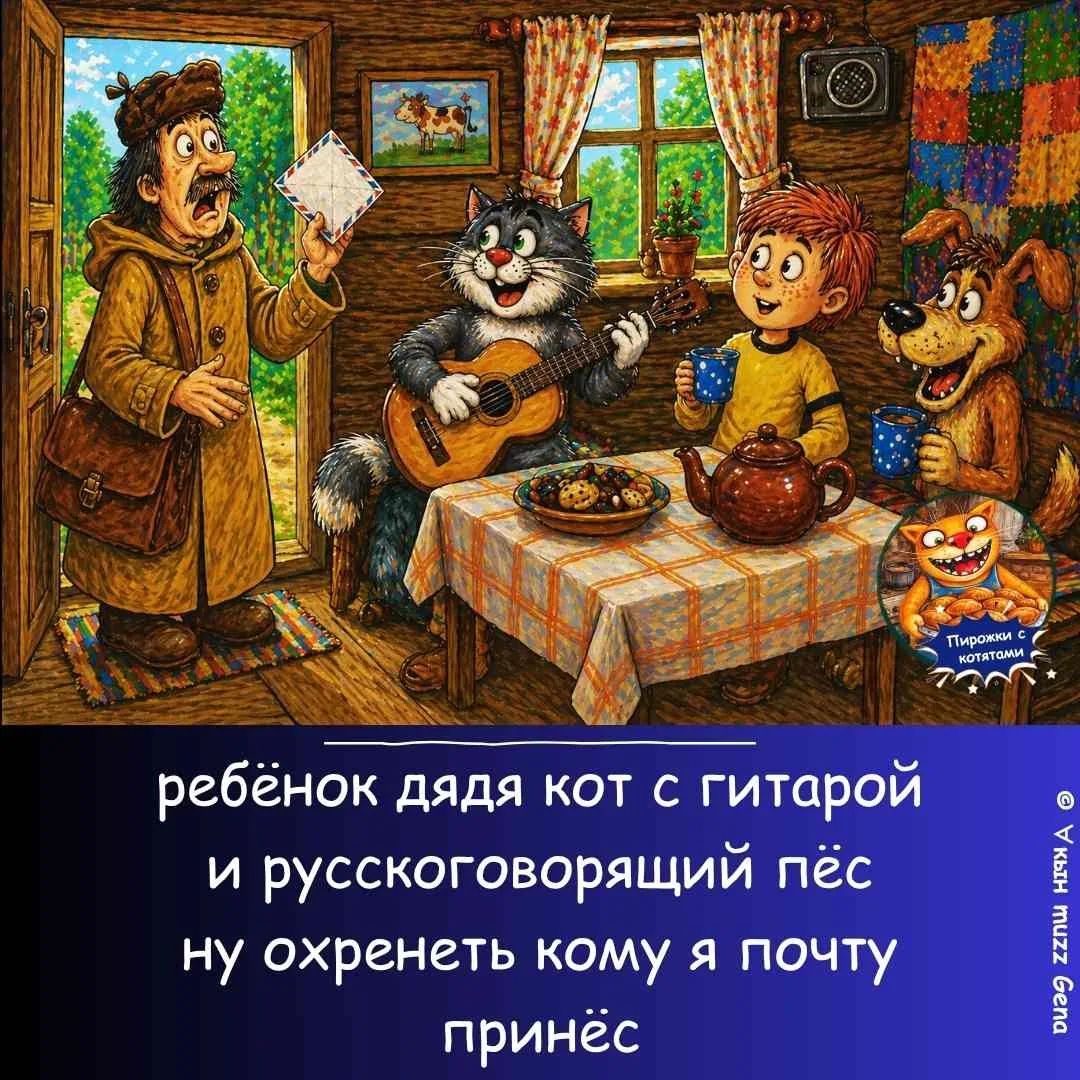 ребёнок дядя кот с гитарой и русскоговорящий пёс ну охренеть кому я почту принёс Пирожки с котятами