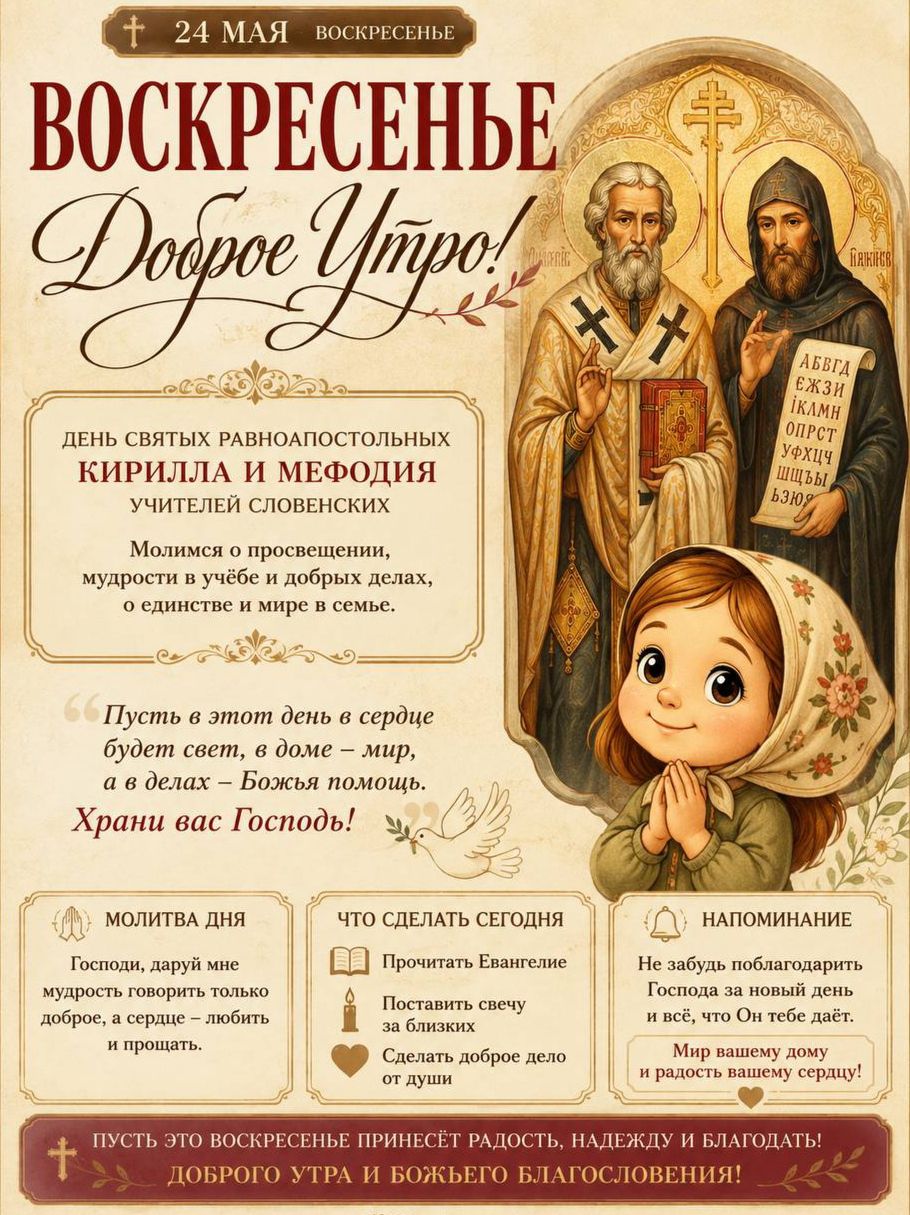 † 24 МАЯ ВОСКРЕСЕНЬЕ ВОСКРЕСЕНЬЕ Доброе Утро! ДЕНЬ СВЯТЫХ РАВНОАПОСТОЛЬНЫХ КИРИЛЛА И МЕФОДИЯ УЧИТЕЛЕЙ СЛОВЕНСКИХ Молимся о просвещении, мудрости в учёбе и добрых делах, о единстве и мире в семье. Пусть в этот день в сердце будет свет, в доме – мир, а в делах – Божья помощь. Храни вас Господь! МОЛИТВА ДНЯ Господи, даруй мне мудрость говорить только