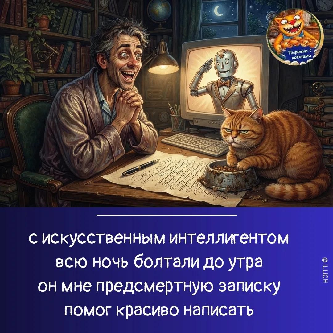 Пирожки с котятами. С искусственным интеллигентом всю ночь болтали до утра он мне предсмертную записку помог красиво написать