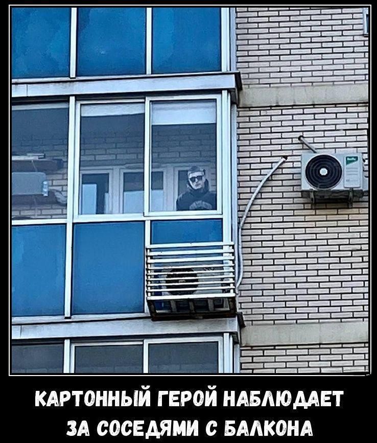 КАРТОННЫЙ ГЕРОЙ НАБЛЮДАЕТ ЗА СОСЕДЯМИ С БАЛКОНА