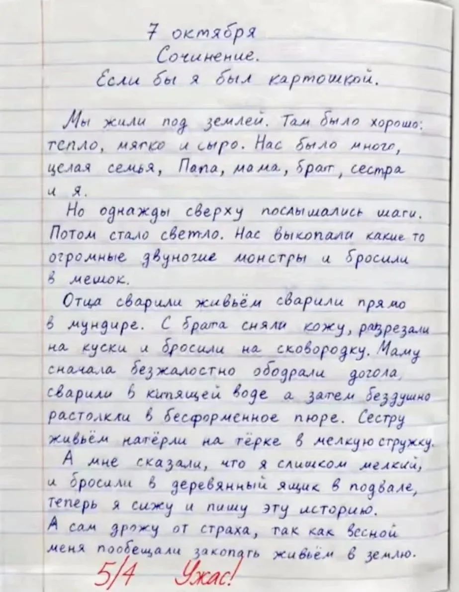 7 октября. Сочинение. Если бы я был картошкой. Мы жили под землей. Там было хорошо: тепло, мягко и сыро. Нас было много, целая семья, папа, мама, брат, сестра и я. Но однажды сверху послышались шаги. Потом стало светло. Нас выкопали какие-то огромные двуногие монстры и бросили в мешок. Отца сварили живём, сварили прямо в мундире. С брата сняли