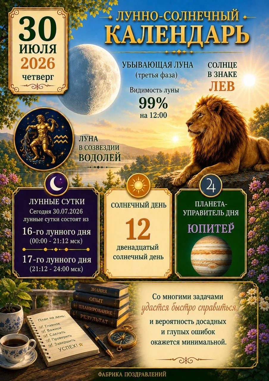 30 ИЮЛЯ 2026 ЧЕТВЕРГ ЛУННО-СОЛНЕЧНЫЙ КАЛЕНДАРЬ УБЫВАЮЩАЯ ЛУНА (третья фаза) СОЛНЦЕ В ЗНАКЕ ЛЕВ Видимость луны 99% на 12:00 ЛУНА В СОЗВЕЗДИИ ВОДОЛЕЙ ЛУННЫЕ СУТКИ Сегодня 30.07.2026 лунные сутки состоят из 16-го лунного дня (00:00 - 21:12 мск) 17-го лунного дня (21:12 - 24:00 мск) СОЛНЕЧНЫЙ ДЕНЬ 12 двенадцатый солнечный день ПЛАНЕТА-УПРАВИТЕЛЬ ДНЯ