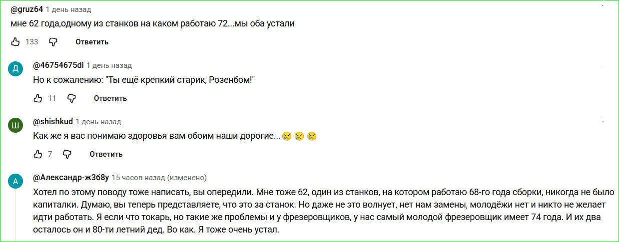 мне 62 года, одному из станков на каком работаю 72...мы оба устали. Но к сожалению: 