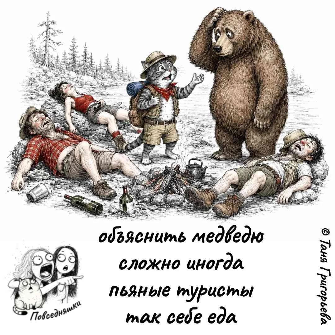 объяснить медведю сложно иногда пьяные туристы так себе еда Повседневняшки Таня Григорьева