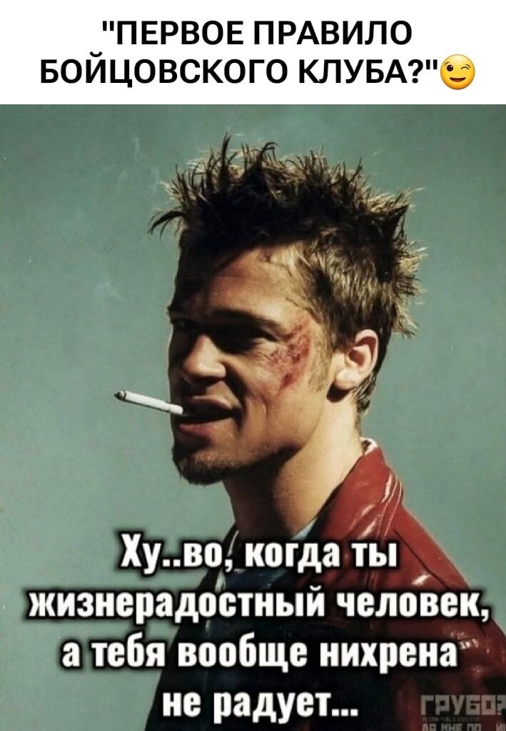 ПЕРВОЕ ПРАВИЛО БОЙЦОВСКОГО КЛУБА?
Ху..во, когда ты жизнерадостный человек, а тебя вообще нихрена не радует...
