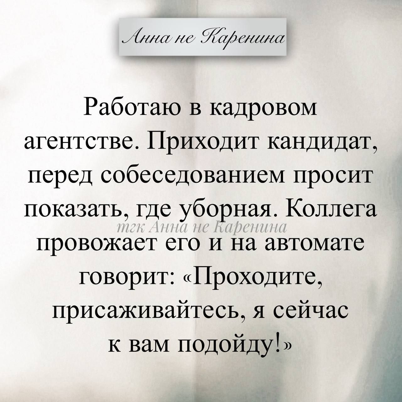 Анна не Каренина Работаю в кадровом агентстве. Приходит кандидат, перед собеседованием просит показать, где уборная. Коллега провожает его и на автомате говорит: «Проходите, присаживайтесь, я сейчас к вам подойду!» тгк Анна не Каренина