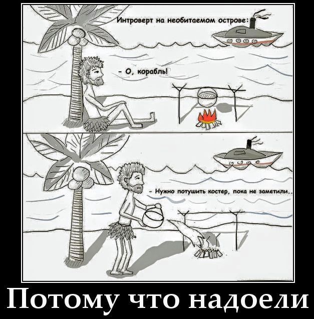 Интроверт на необитаемом острове: - О, корабль! - Нужно потушить костер, пока не заметили.. Потому что надоели