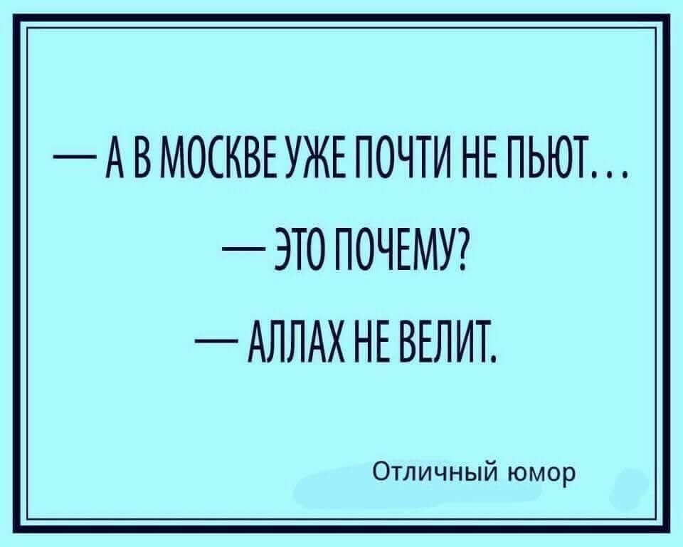 — А в Москве уже почти не пьют...
— Это почему?
— Аллах не велит.
Отличный юмор