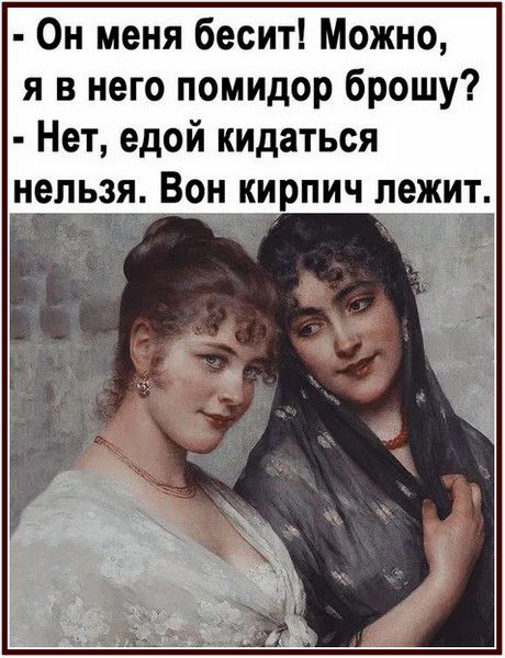 Он меня бесит! Можно, я в него помидор брошу? - Нет, едой кидаться нельзя. Вон кирпич лежит.