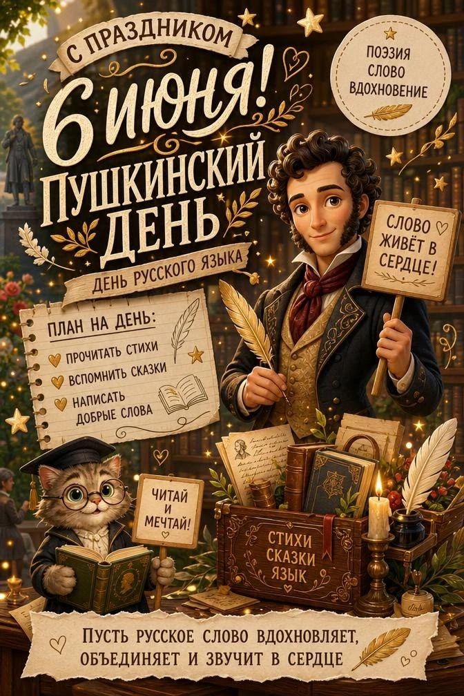 С ПРАЗДНИКОМ 6 ИЮНЯ! ПУШКИНСКИЙ ДЕНЬ ДЕНЬ РУССКОГО ЯЗЫКА. ПОЭЗИЯ СЛОВО ВДОХНОВЕНИЕ. СЛОВО ЖИВЁТ В СЕРДЦЕ! ПЛАН НА ДЕНЬ: ПРОЧИТАТЬ СТИХИ, ВСПОМНИТЬ СКАЗКИ, НАПИСАТЬ ДОБРЫЕ СЛОВА. ЧИТАЙ И МЕЧТАЙ! СТИХИ СКАЗКИ ЯЗЫК. ПУСТЬ РУССКОЕ СЛОВО ВДОХНОВЛЯЕТ, ОБЪЕДИНЯЕТ И ЗВУЧИТ В СЕРДЦЕ.