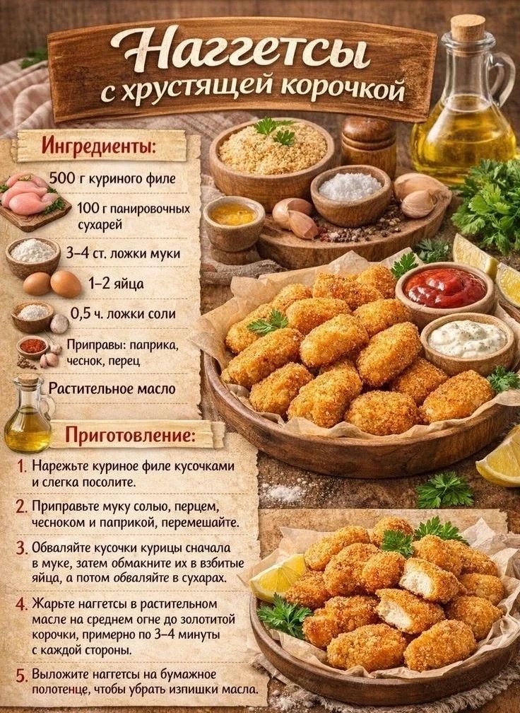Наггетсы с хрустящей корочкой. Ингредиенты: 500 г куриного филе, 100 г панировочных сухарей, 3-4 ст. ложки муки, 1-2 яйца, 0,5 ч. ложки соли. Приправы: паприка, чеснок, перец. Растительное масло. Приготовление: 1. Нарежьте куриное филе кусочками и слегка посолите. 2. Приправьте муку солью, перцем, чесноком и паприкой, перемешайте. 3. Обваляйте