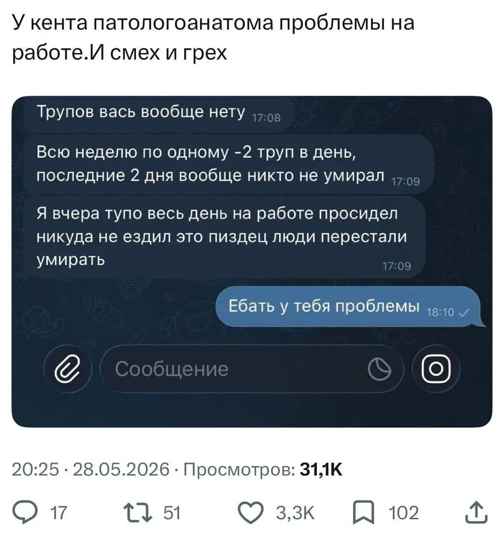У кента патологоанатома проблемы на работе. И смех и грех. Трупов вась вообще нету. Всю неделю по одному -2 труп в день, последние 2 дня вообще никто не умирал. Я вчера тупо весь день на работе просидел никуда не ездил это пиздец люди перестали умирать. Ебать у тебя проблемы.
