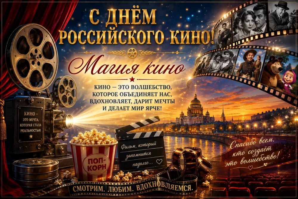 С ДНЁМ РОССИЙСКОГО КИНО! Магия кино. Кино — это волшебство, которое объединяет нас, вдохновляет, дарит мечты и делает мир ярче! ПОП-КОРН. Фильм, который запомнится надолго... Спасибо всем, кто создаёт это волшебство! СМОТРИМ. ЛЮБИМ. ВДОХНОВЛЯЕМСЯ.
