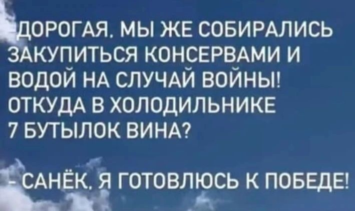 ДОРОГАЯ. МЫ ЖЕ СОБИРАЛИСЬ ЗАКУПИТЬСЯ КОНСЕРВАМИ И ВОДОЙ НА СЛУЧАЙ ВОЙНЫ! ОТКУДА В ХОЛОДИЛЬНИКЕ 7 БУТЫЛОК ВИНА? - САНЁК, Я ГОТОВЛЮСЬ К ПОБЕДЕ!