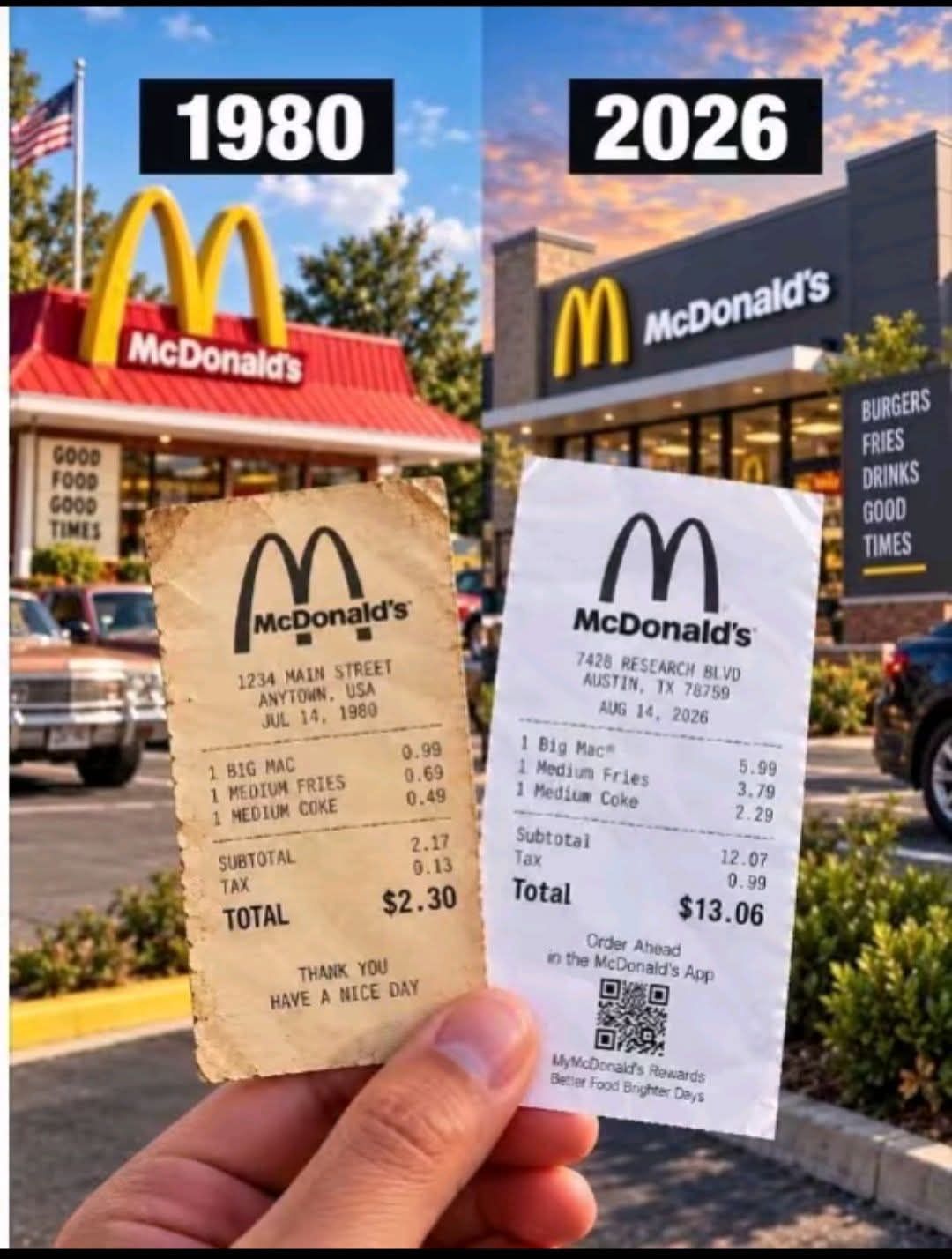 1980 2026 McDonald's McDonald's 1 BIG MAC 0.99 1 MEDIUM FRIES 0.69 1 MEDIUM COKE 0.49 SUBTOTAL 2.17 TAX 0.13 TOTAL $2.30 1 Big Mac 5.99 1 Medium Fries 3.79 1 Medium Coke 2.29 Subtotal 12.07 Tax 0.99 Total $13.06