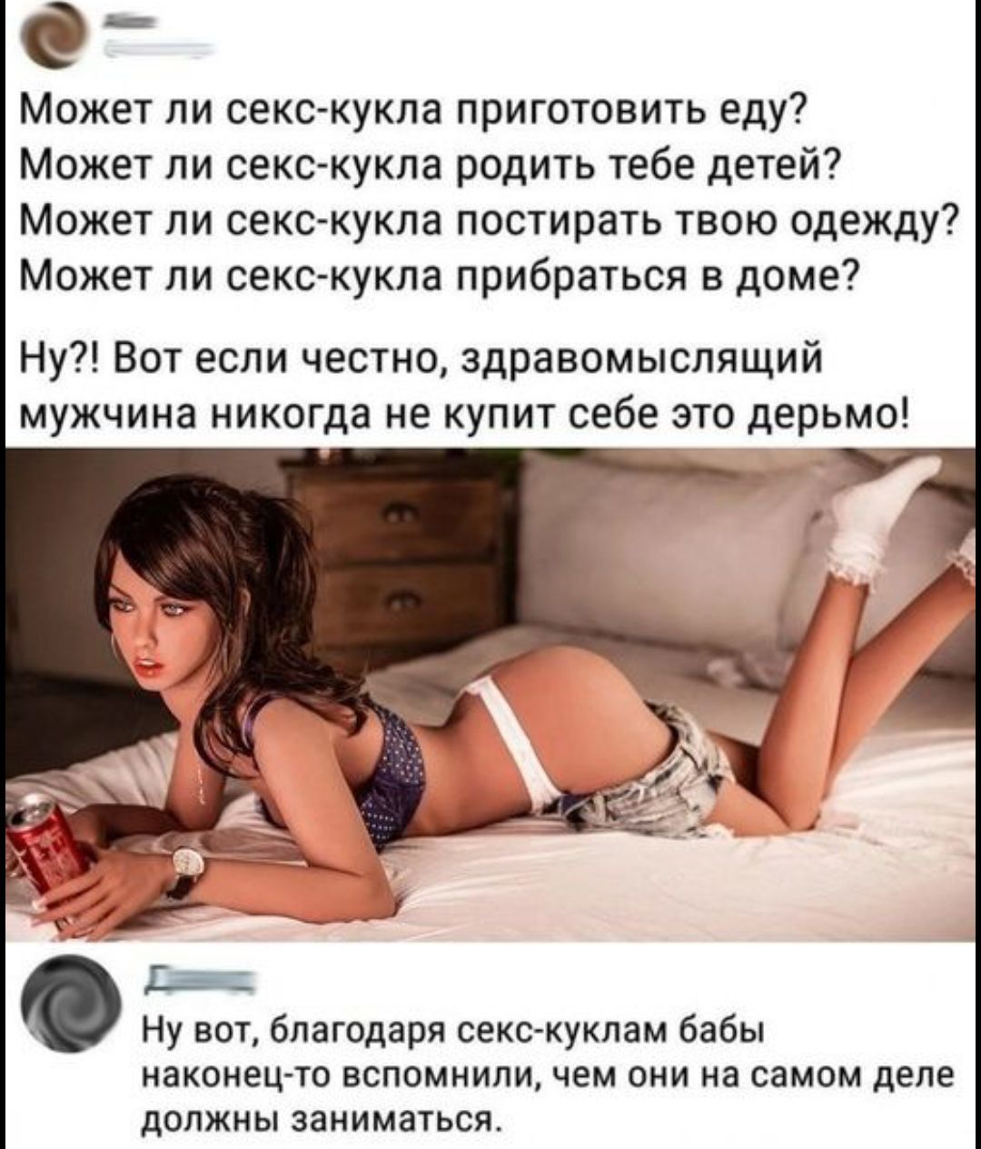 Может ли секс-кукла приготовить еду? Может ли секс-кукла родить тебе детей? Может ли секс-кукла постирать твою одежду? Может ли секс-кукла прибраться в доме? Ну?! Вот если честно, здравомыслящий мужчина никогда не купит себе это дерьмо! Ну вот, благодаря секс-куклам бабы наконец-то вспомнили, чем они на самом деле должны заниматься.