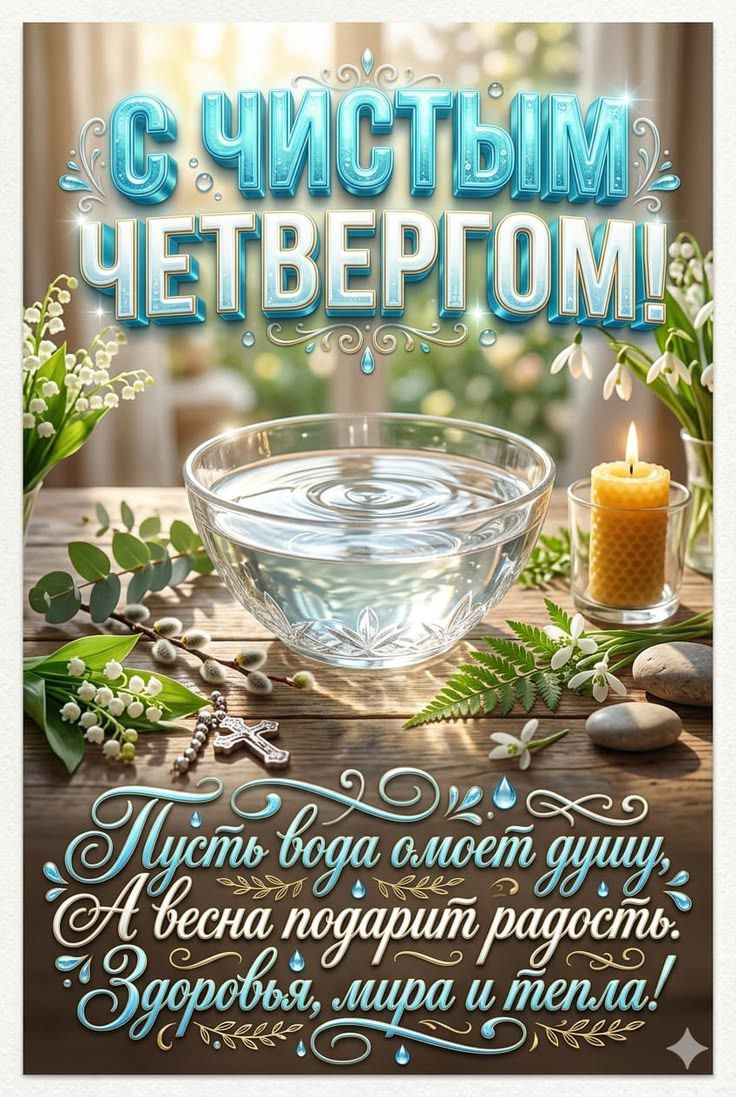 С ЧИСТЫМ ЧЕТВЕРГОМ! Пусть вода омоет душу, А весна подарит радость. Здоровья, мира и тепла!