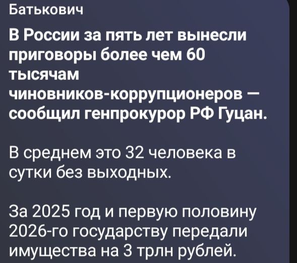 Батькович В России за пять лет вынесли приговоры более чем 60 тысячам чиновников-коррупционеров — сообщил генпрокурор РФ Гуцан. В среднем это 32 человека в сутки без выходных. За 2025 год и первую половину 2026-го государству передали имущества на 3 трлн рублей.