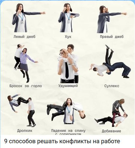 Левый джеб Хук Правый джеб Бросок за горло Удушающий Суплекс Дропкик Падение на спину с соперником Добивание 9 способов решать конфликты на работе