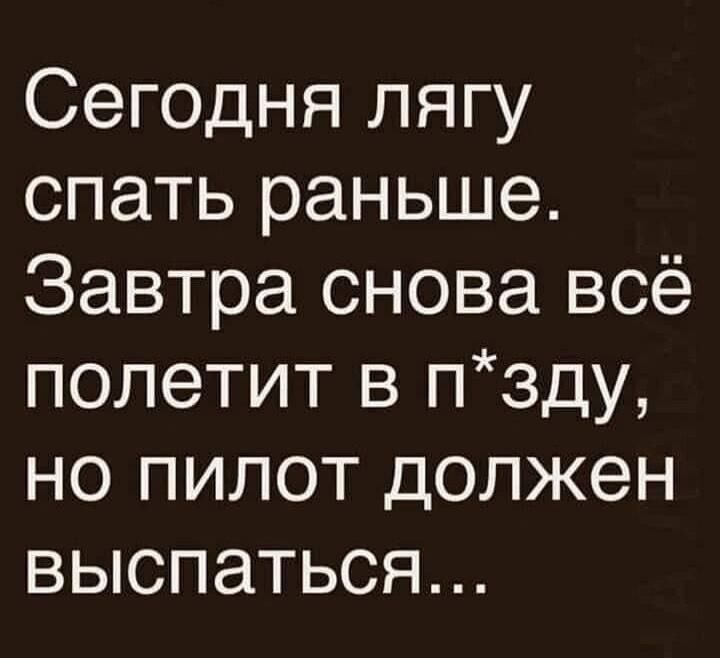 Сегодня лягу спать раньше. Завтра снова всё полетит в п*зду, но пилот должен выспаться...