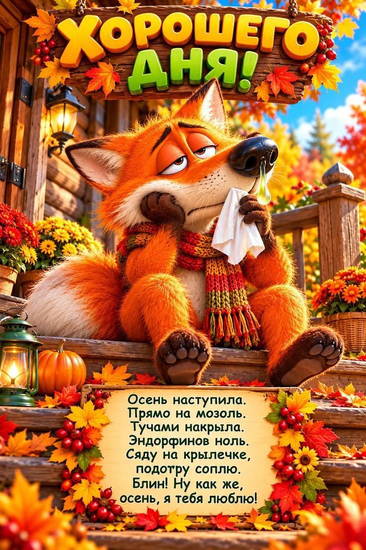ХОРОШЕГО ДНЯ! Осень наступила. Прямо на мозоль. Тучами накрыла. Эндorphинов ноль. Сяду на крылечке, подотру соплю. Блин! Ну как же, осень, я тебя люблю!