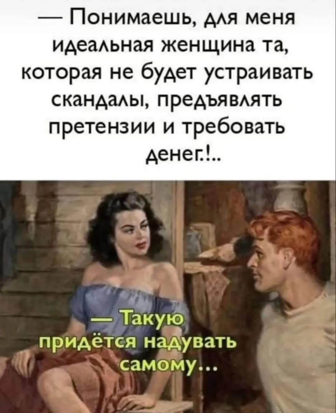 Понимаешь, для меня идеальная женщина та, которая не будет устраивать скандалы, предъявлять претензии и требовать денег!.. Такую придётся надувать самому...