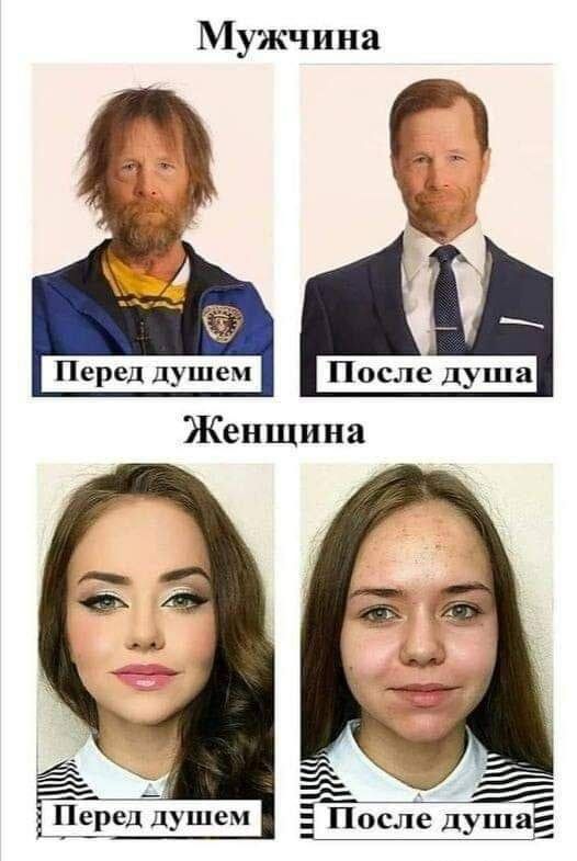 Мужчина. Перед душем. После душа. Женщина. Перед душем. После душа.