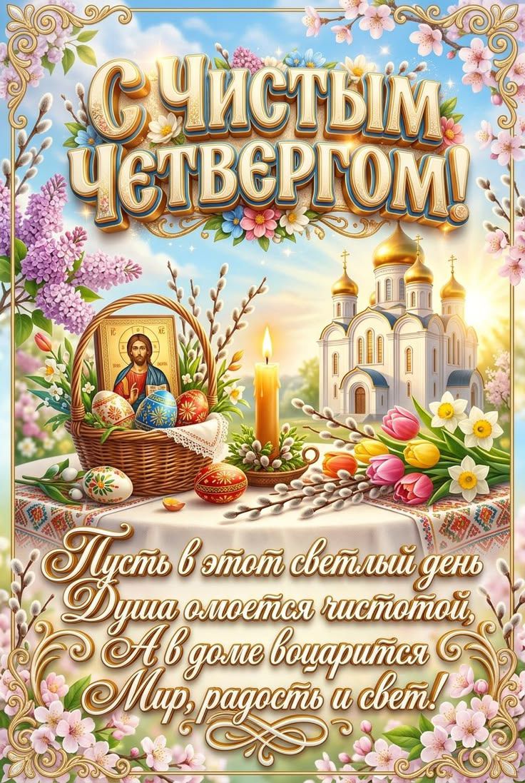 С ЧИСТЫМ ЧЕТВЕРГОМ! Пусть в этом светлый день Душа омоется чистотой, А в доме воцарится Мир, радость и свет!