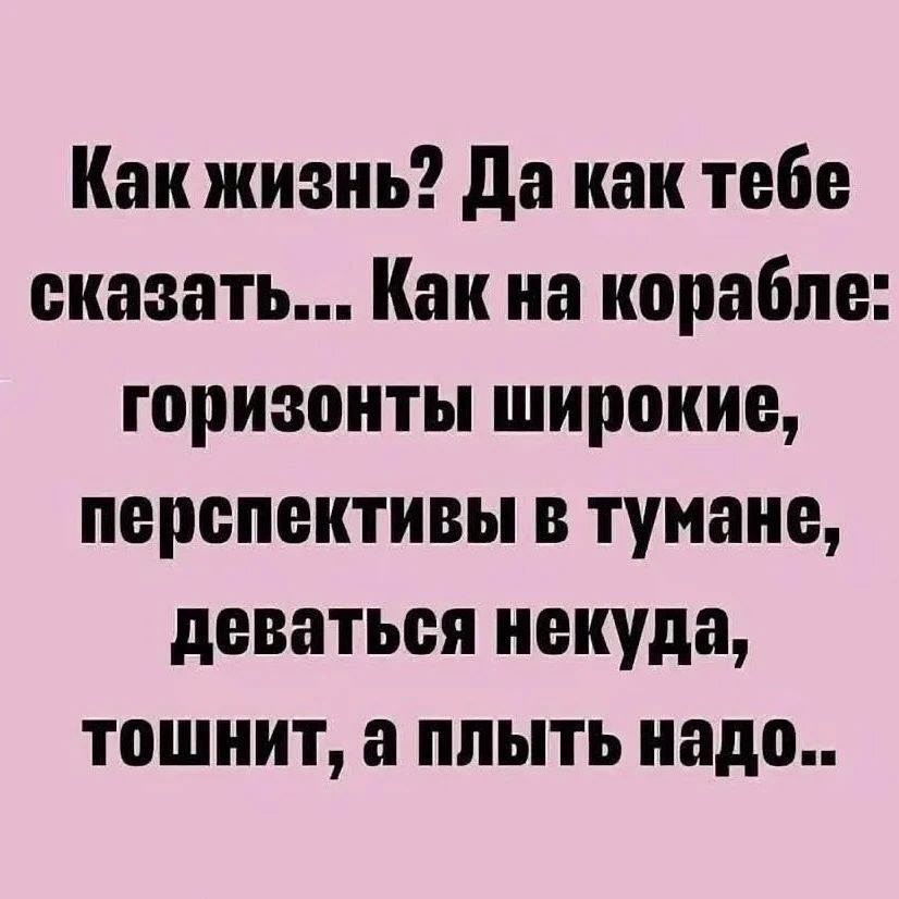 Как жизнь? Да как тебе сказать... Как на корабле: горизонты широкие, перспективы в тумане, деваться некуда, тошнит, а плыть надо..