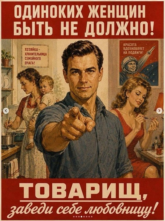 Одиноких женщин быть не должно! Хозяйка - хранительница семейного очага! ТОВАРИЩ, заведи себе любовницу!